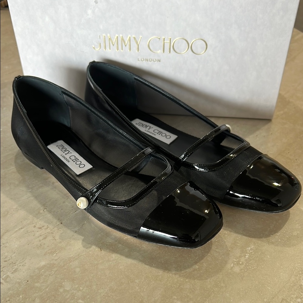 **SOLD** Jimmy Choo Black Patent Leather Elisa flats with pearl detail